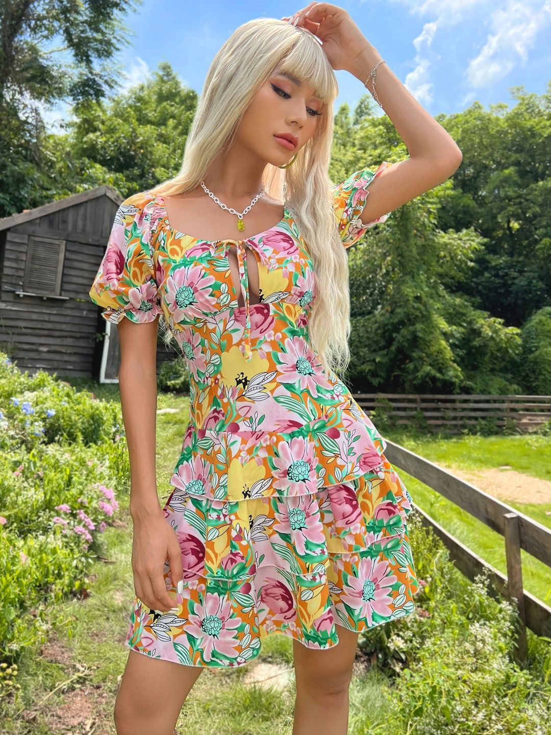Floral Print Puff Sleeve Fit & Flare Dress - Nowi Korean Fashion