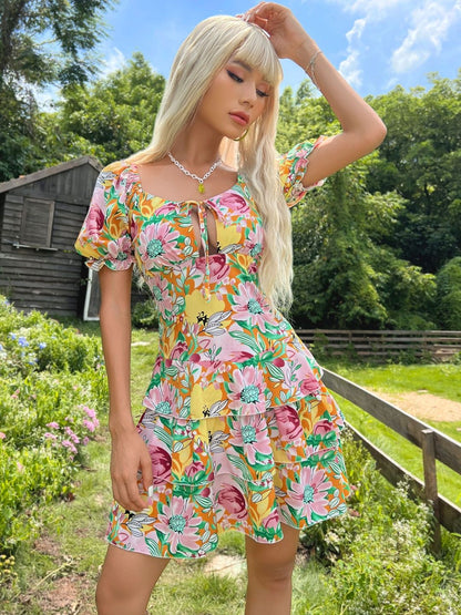Floral Print Puff Sleeve Fit & Flare Dress - Nowi Korean Fashion