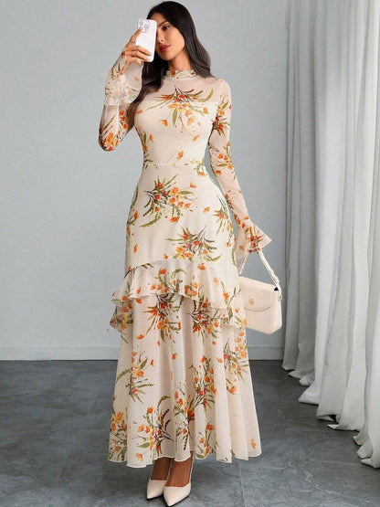 Floral Print Flared Sleeve Ruffled Maxi Dress