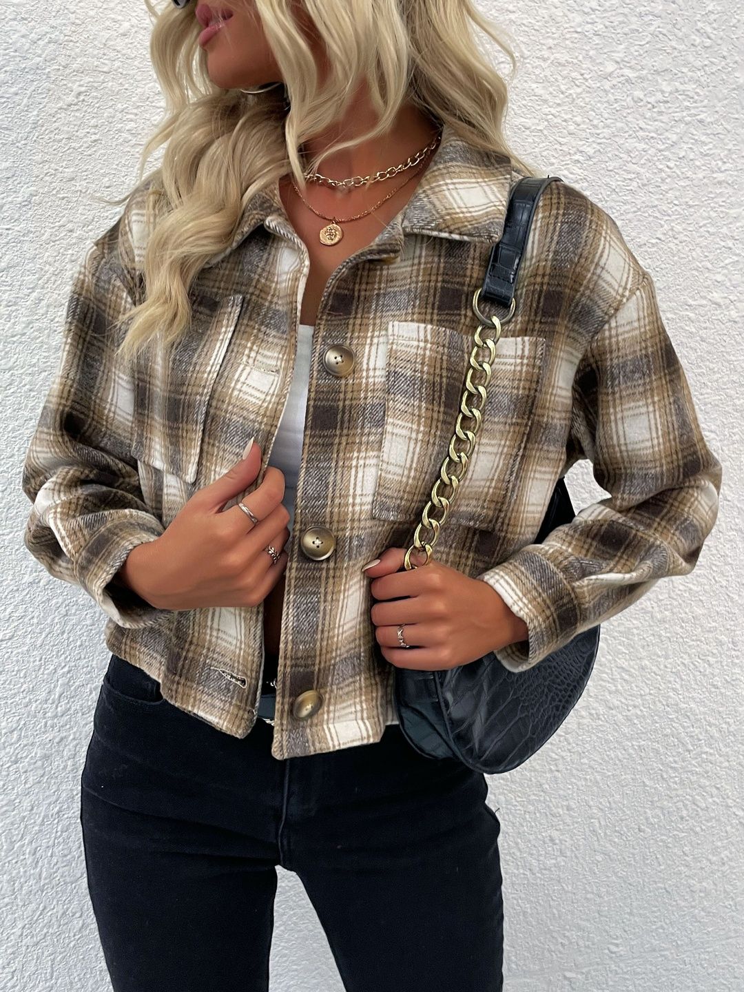 Women Checked Crop Jacket