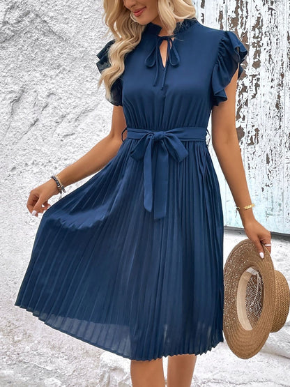 Tie-Up Neck Flutter Sleeve Fit & Flare Midi Dress