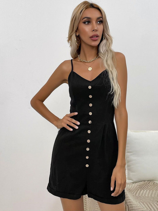 with Applique Jumpsuit in Black cotton - Nowi Korean Fashion