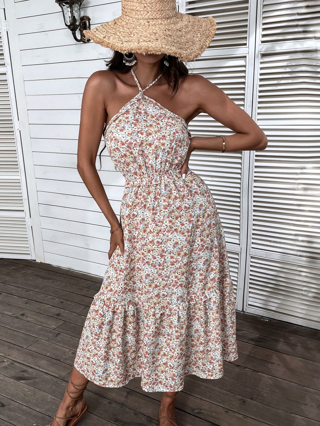 Floral Print Halter Neck Fit & Flare Midi Dress