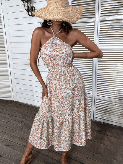 Floral Print Halter Neck Fit & Flare Midi Dress