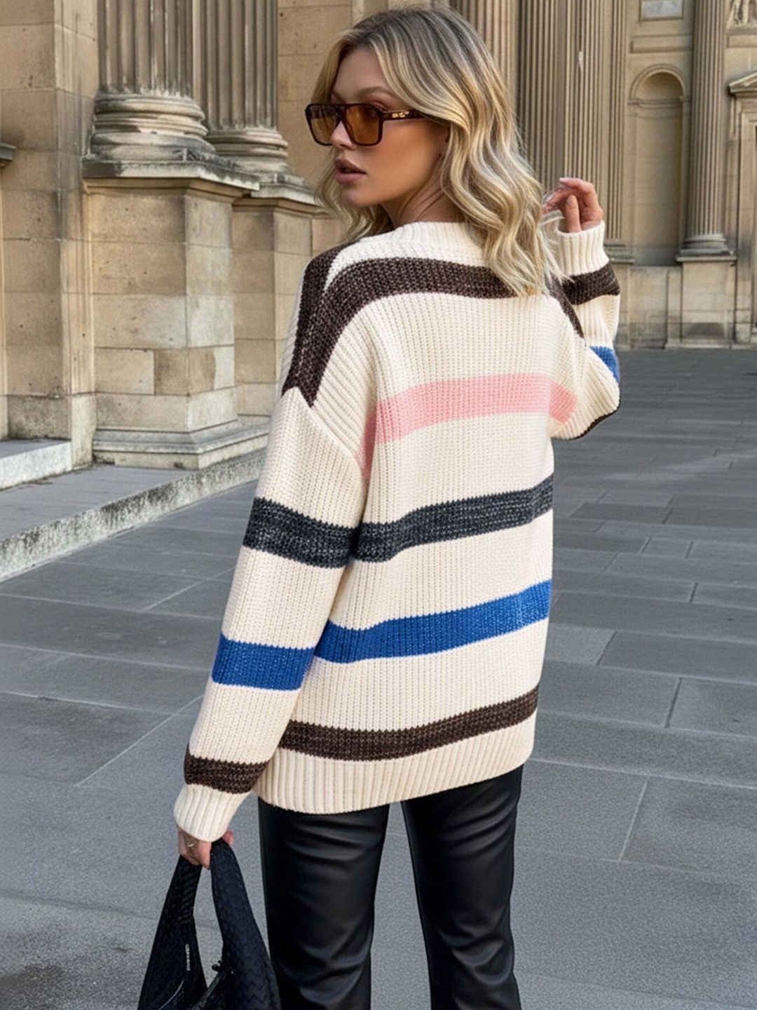 Women's Grey Nowi Women Striped Oversized Pullover