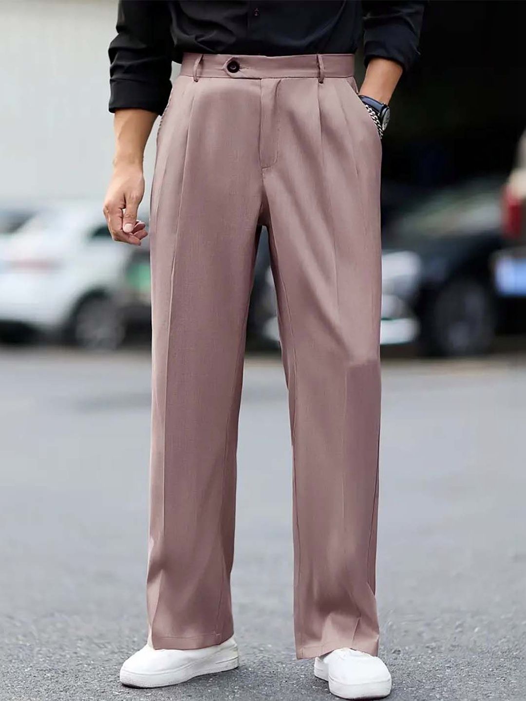 Men Pleated Trousers in relaxed fit, solid pink color, styled with Korean pants for a modern look.