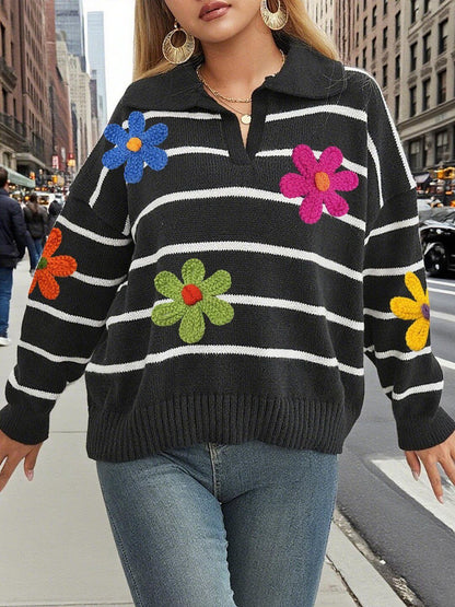 Women Striped Pullover with Embroidered Detail