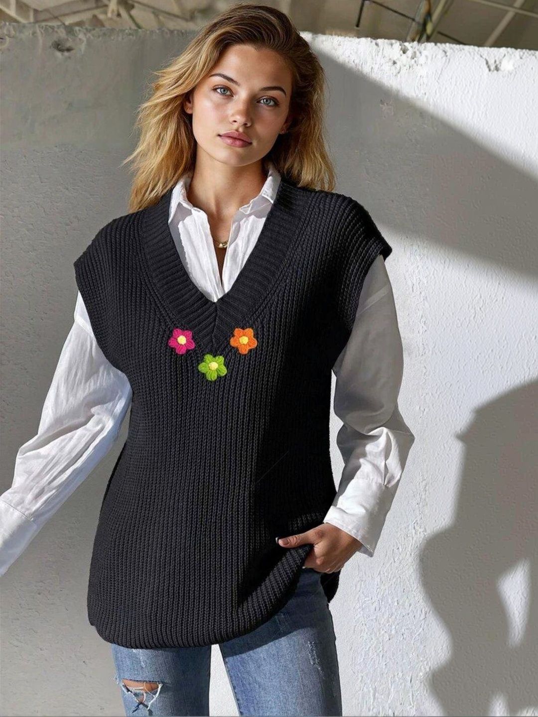 Ribbed Sweater Vest with Embroidered Detail in Black acrylic - Nowi Korean Fashion