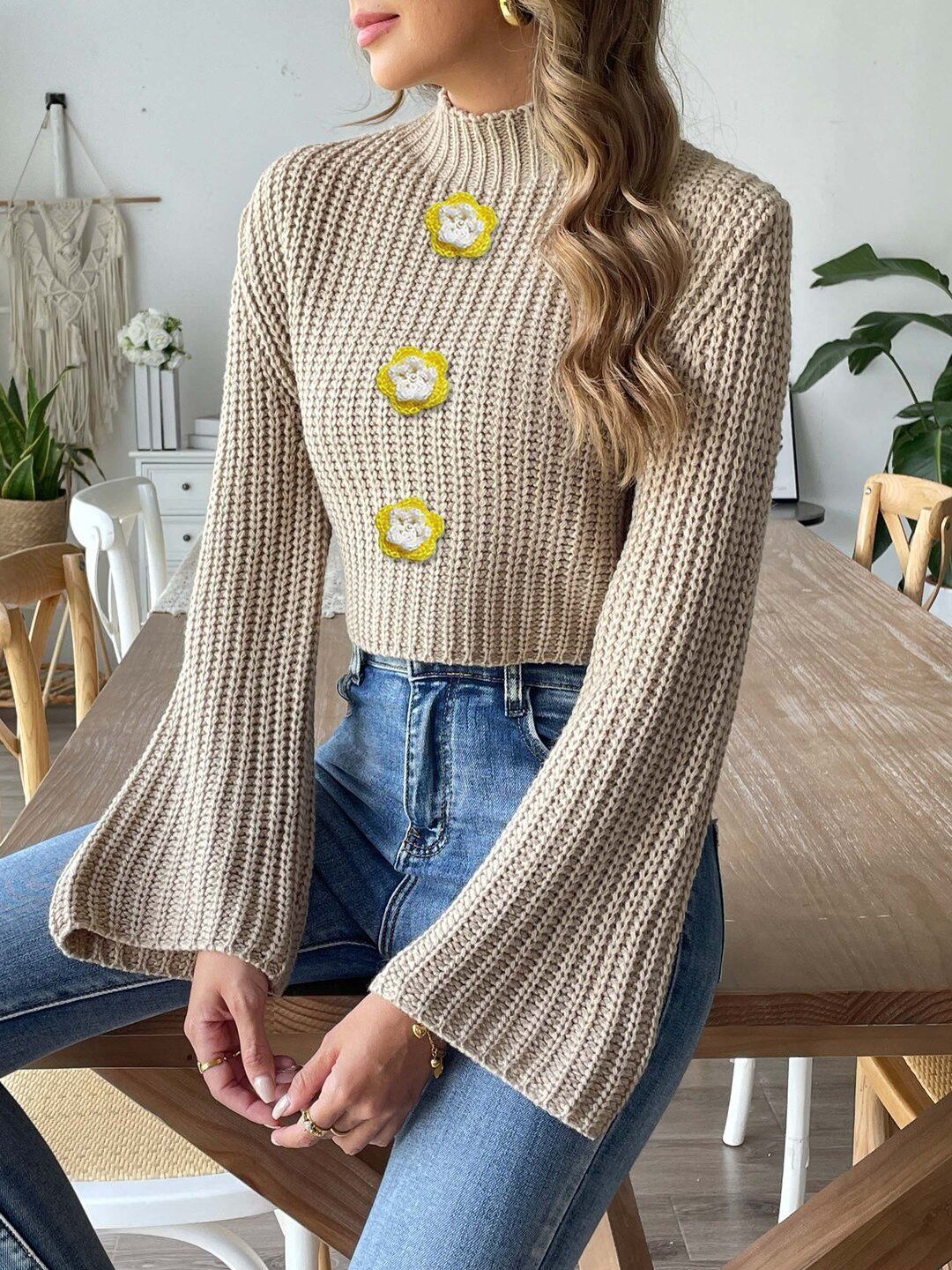 Women Ribbed Crop Pullover with Applique Detail