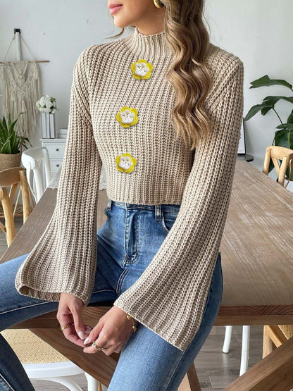 Women Ribbed Crop Pullover with Applique Detail