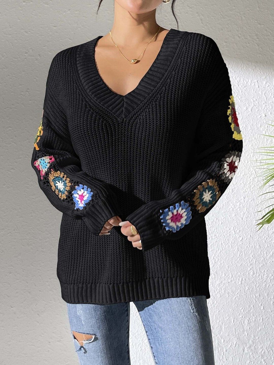 Women Colourblocked Ribbed Pullover with Embellished Detail