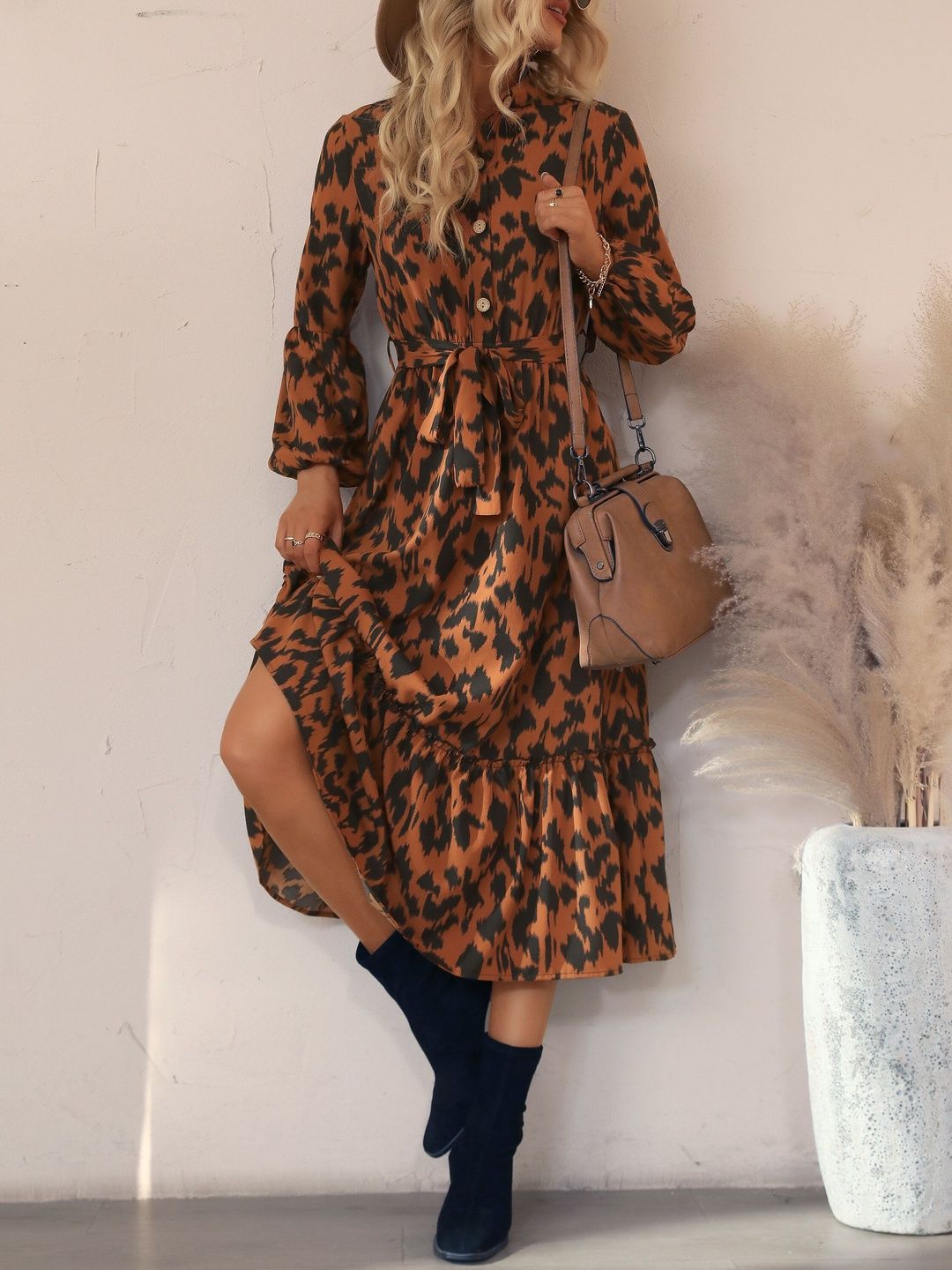 Women's Brown Animal Print A-Line Midi Dress Blend