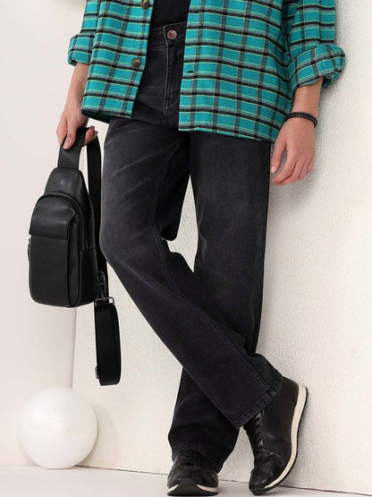Straight Fit Mid-Rise Light Fade Jeans in Black cotton - Nowi Korean Fashion