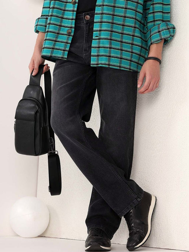 Straight Fit Mid-Rise Light Fade Jeans in Black cotton - Nowi Korean Fashion