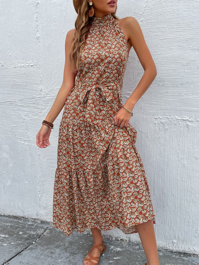 Floral Print Halter Neck Fit & Flare Midi Dress in Orange cotton - Nowi Korean Fashion