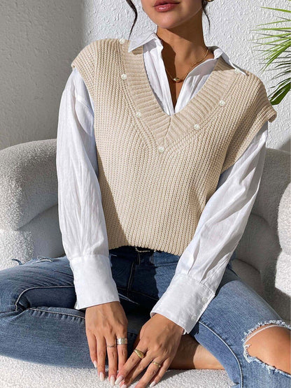 Women Ribbed Sweater Vest with Embellished Detail