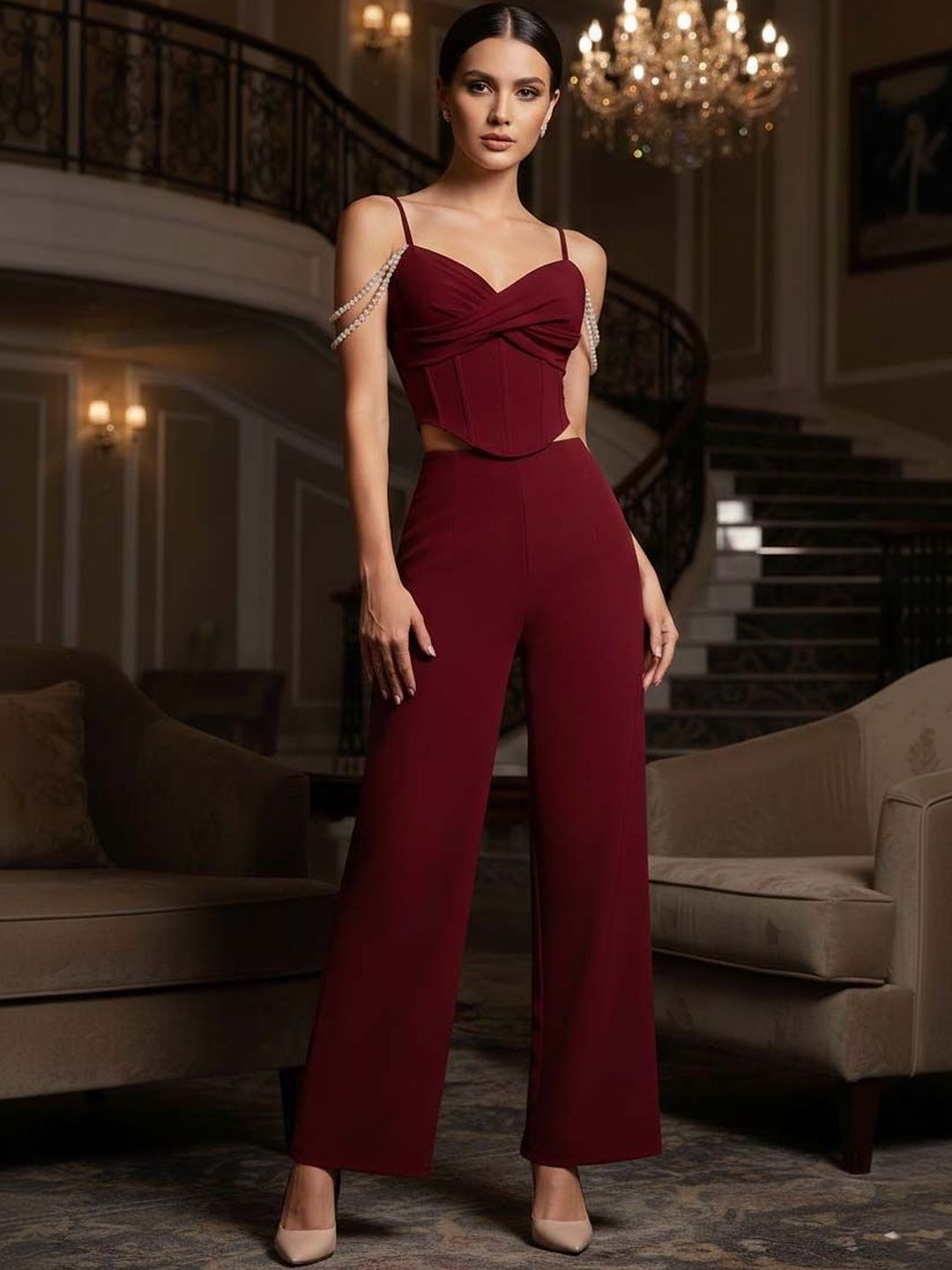 Solid Top with Trousers in Maroon - Nowi Korean Fashion