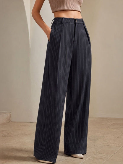 Women Striped Relaxed High-Rise Easy Wash Pleated Trousers