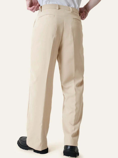 Men Pleated Trousers in relaxed fit, solid beige color, showcasing the back view of stylish korean pants.