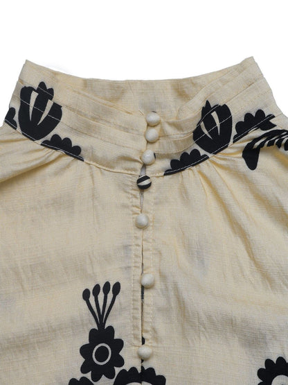 Women's Beige Print Bishop Sleeves Ethnic Cotton Top