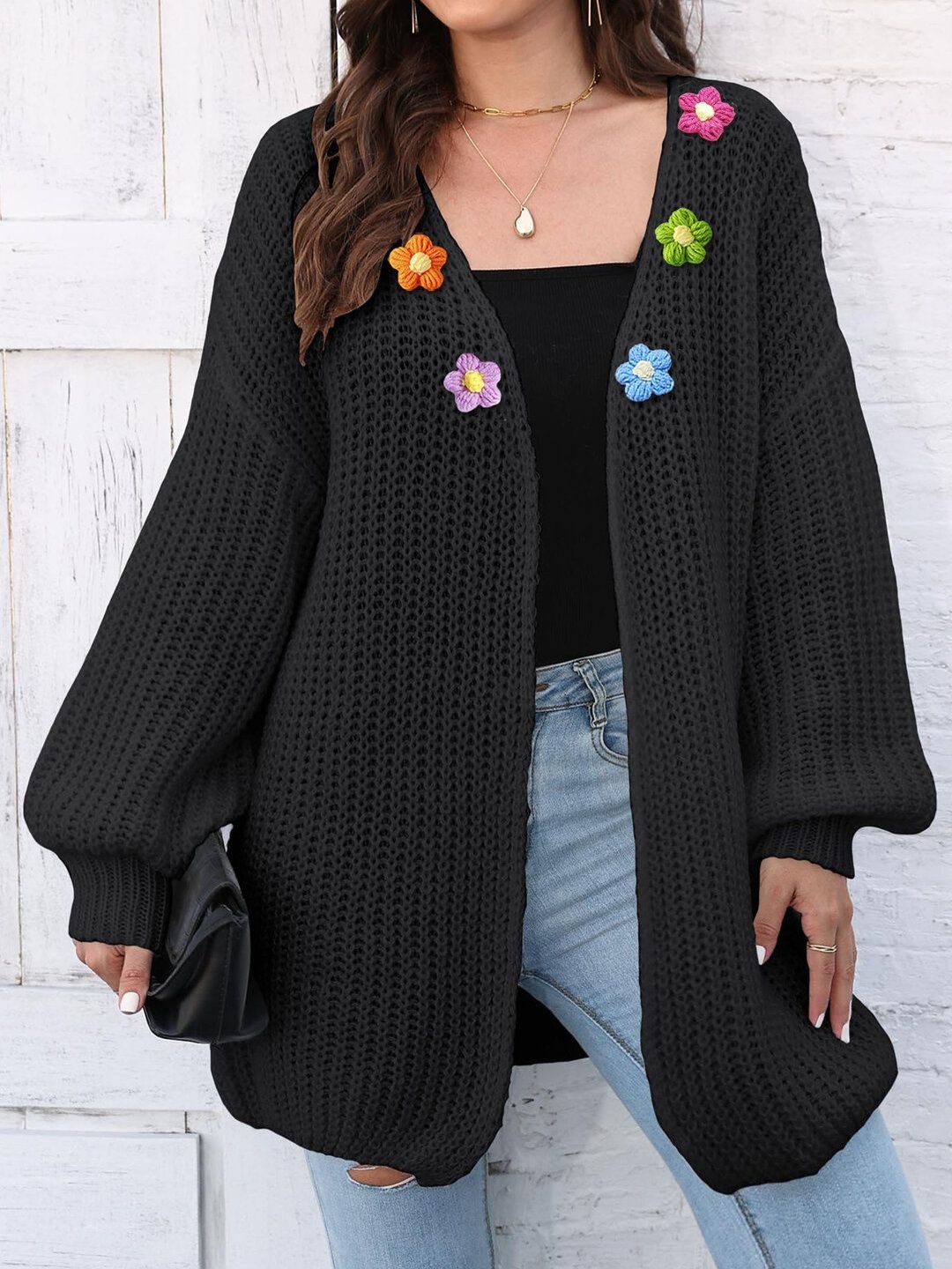 Women Colourblocked Ribbed Longline Cardigan with Embellished Detail