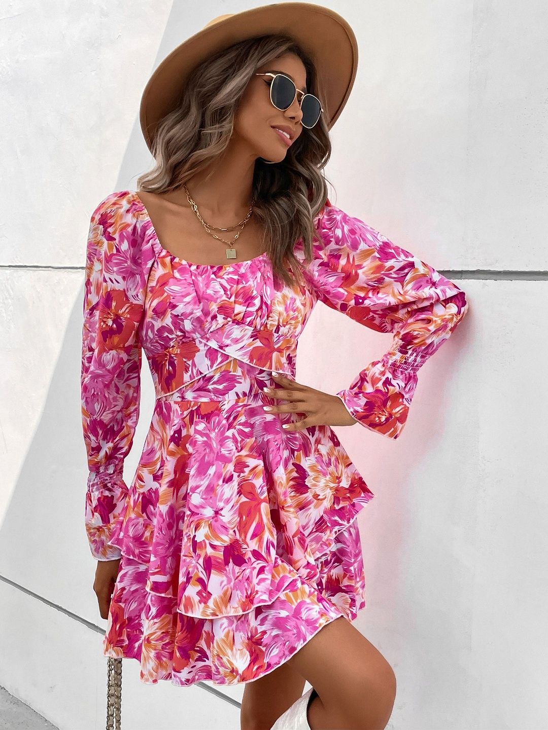 Women's Pink Floral Print Puff Sleeve Fit & Flare Mini Dress