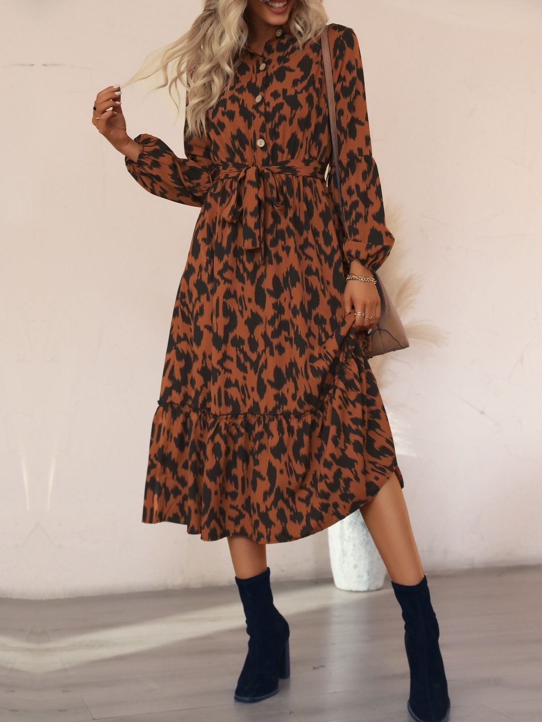 Women's Brown Animal Print A-Line Midi Dress Blend