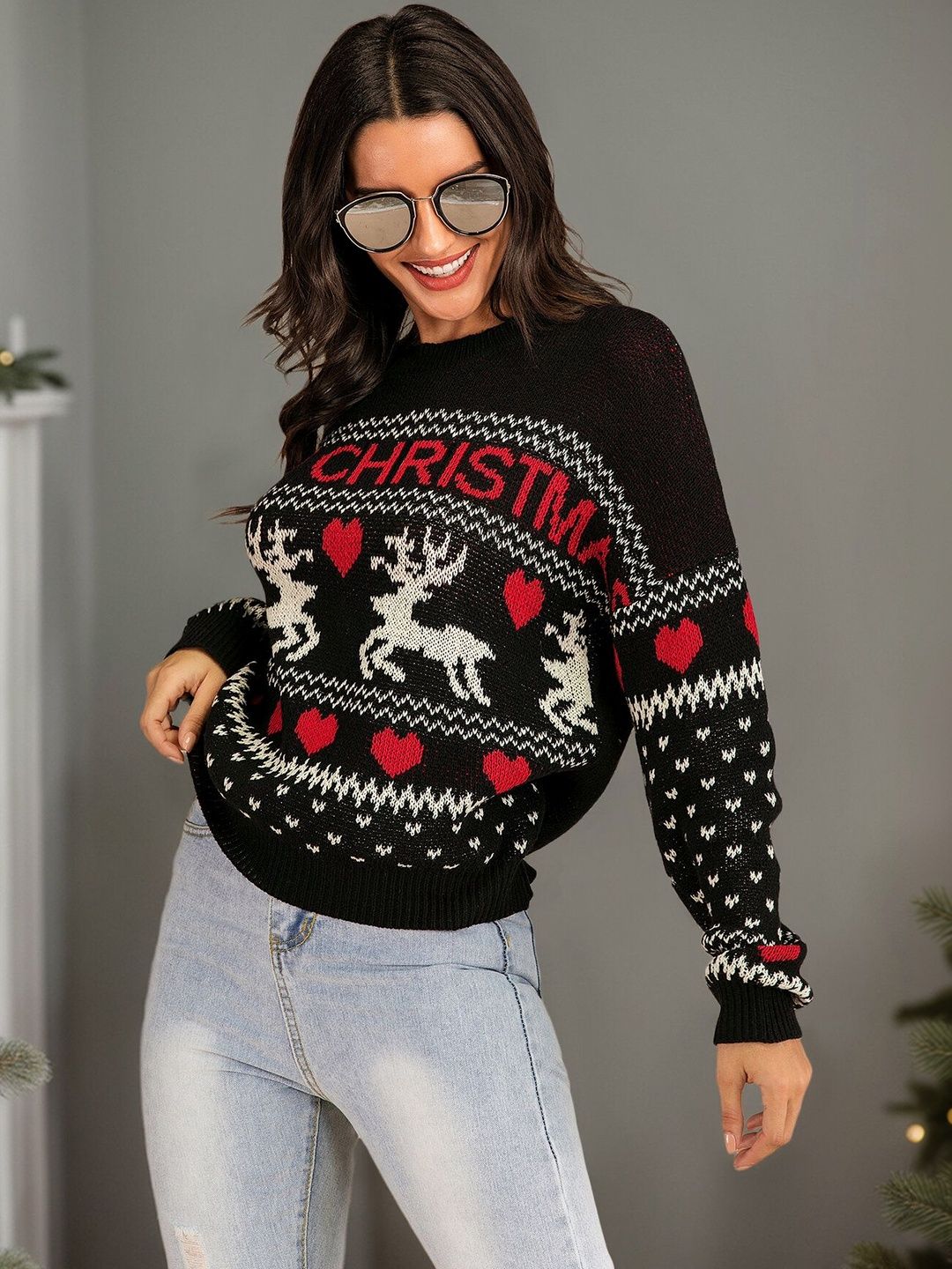 Women's Black Printed Pullover Blend Regular Fit