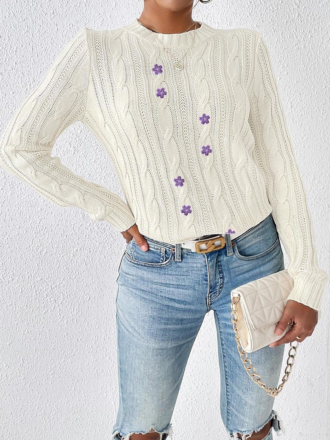 Women Cable Knit Colourblocked Pullover with Embroidered Detail