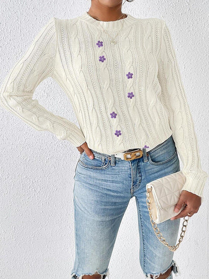 Women Cable Knit Colourblocked Pullover with Embroidered Detail