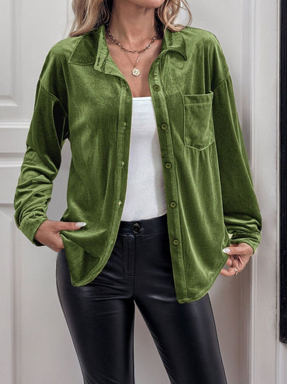 Casual Shirt in Green Cotton Long Sleeve - Nowi Korean Fashion