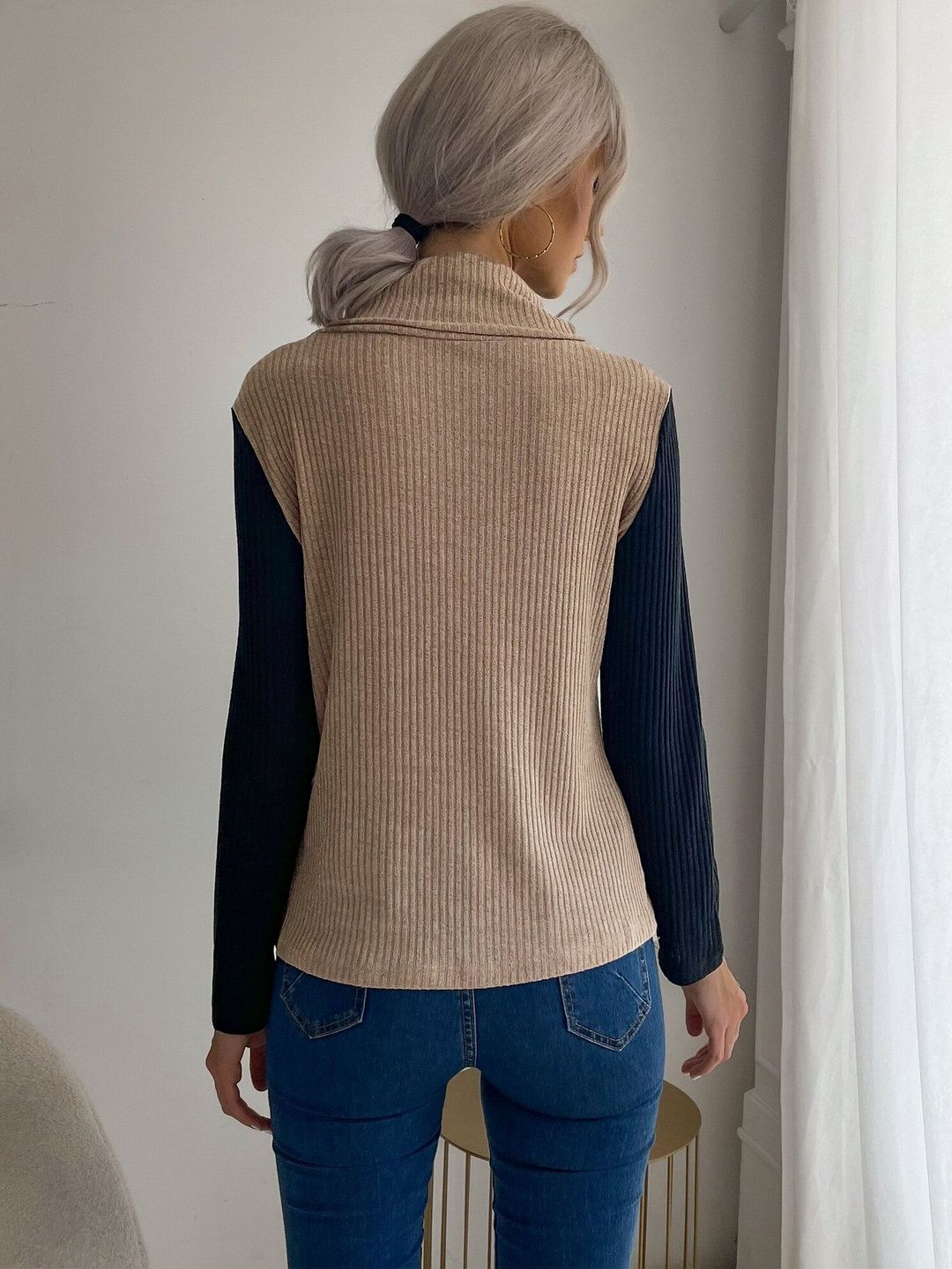 Women's Brown Ribbed Cowl Neck Sweater