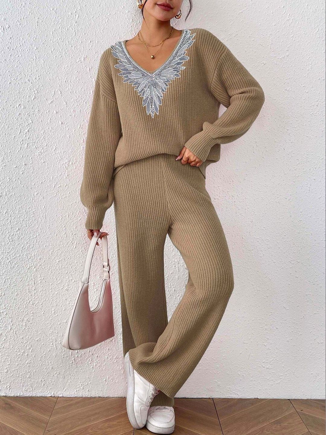 Knitted Embellished Sweater with Palazzos