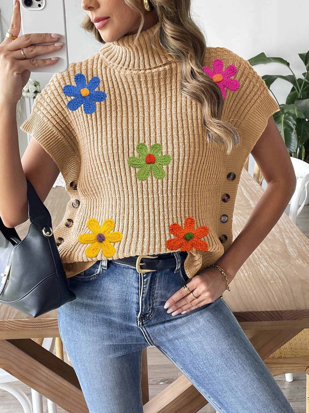 Women Colourblocked Ribbed Sweater Vest with Embroidered Detail