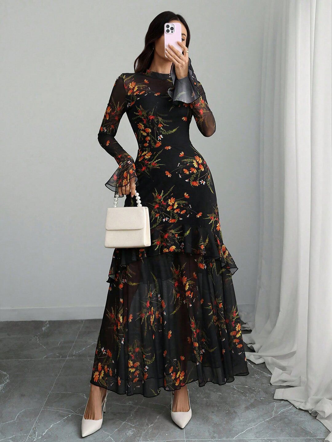 Floral Print Flared Sleeve Ruffled Sheath Maxi Dress