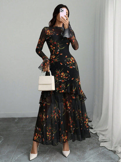 Floral Print Flared Sleeve Ruffled Sheath Maxi Dress