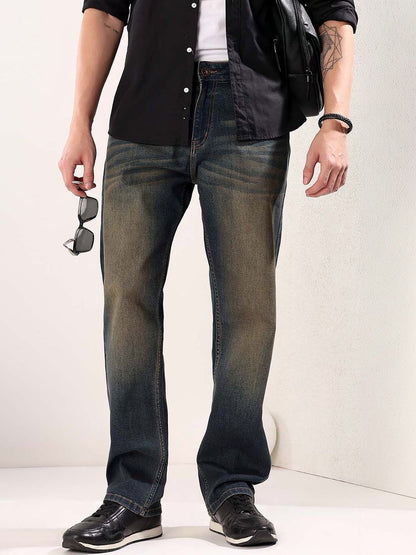Straight Fit Mid-Rise Heavy Fade Jeans in Blue cotton Style 989 - Nowi Korean Fashion