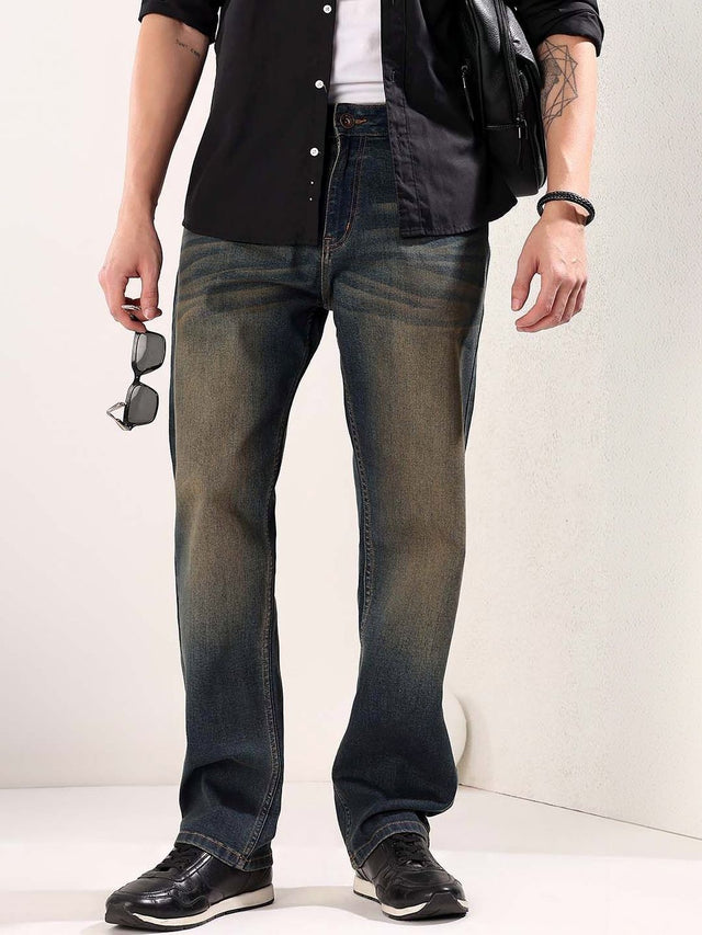 Straight Fit Mid-Rise Heavy Fade Jeans in Blue cotton Style 989 - Nowi Korean Fashion