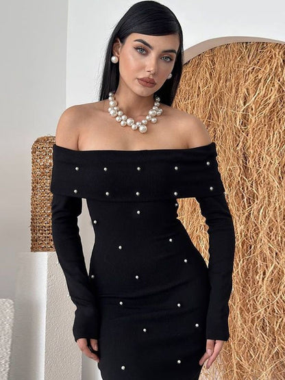 Women's Black Embellished Off-Shoulder Maxi Bodycon Dress