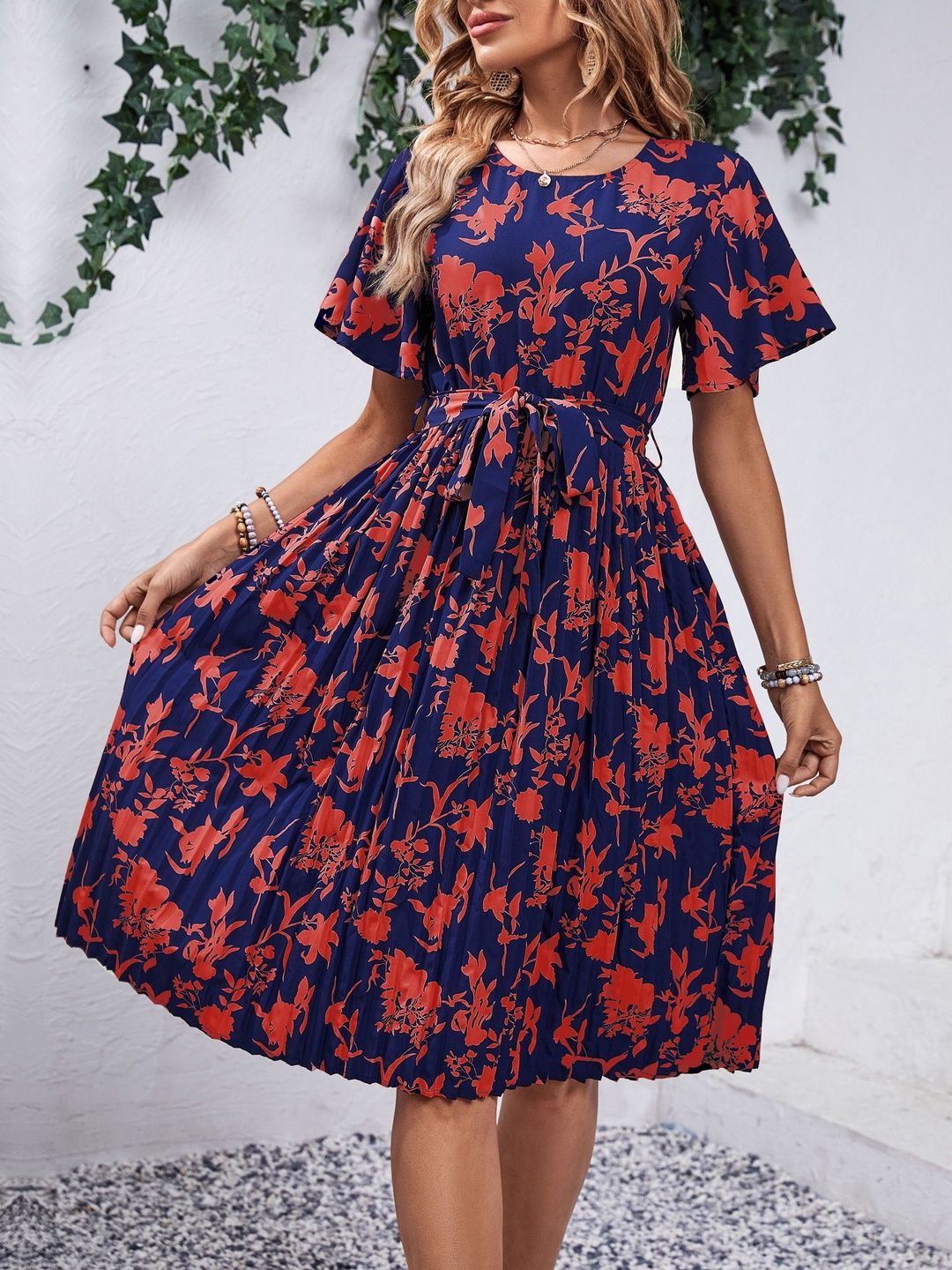 Floral Print Flutter Sleeve Fit & Flare Midi Dress
