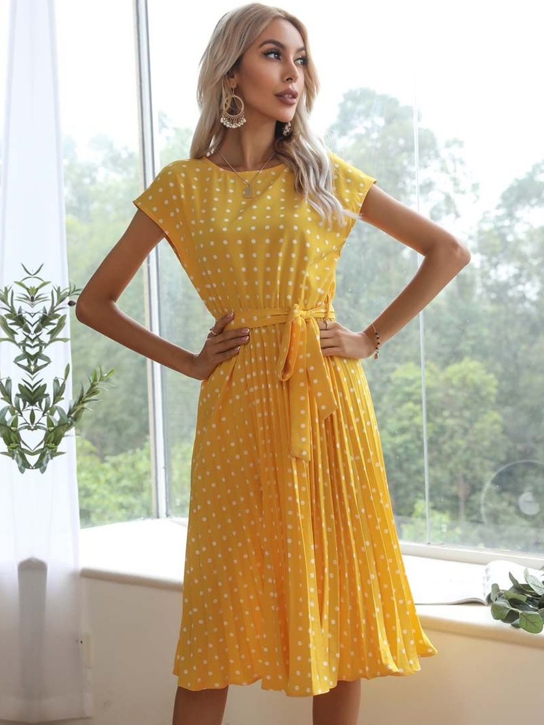 Polka Dot Print A-Line Midi Dress in Yellow - Nowi Korean Fashion