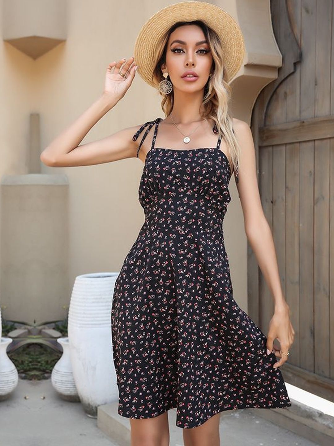 Floral Print Fit & Flare Dress in Black cotton Sleeveless - Nowi Korean Fashion