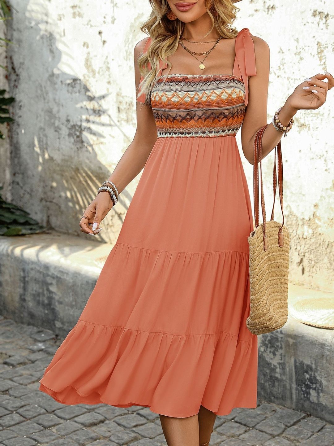 Orange Tribal Print Sleeveless Midi Dress polyester Printed - Nowi Korean Fashion