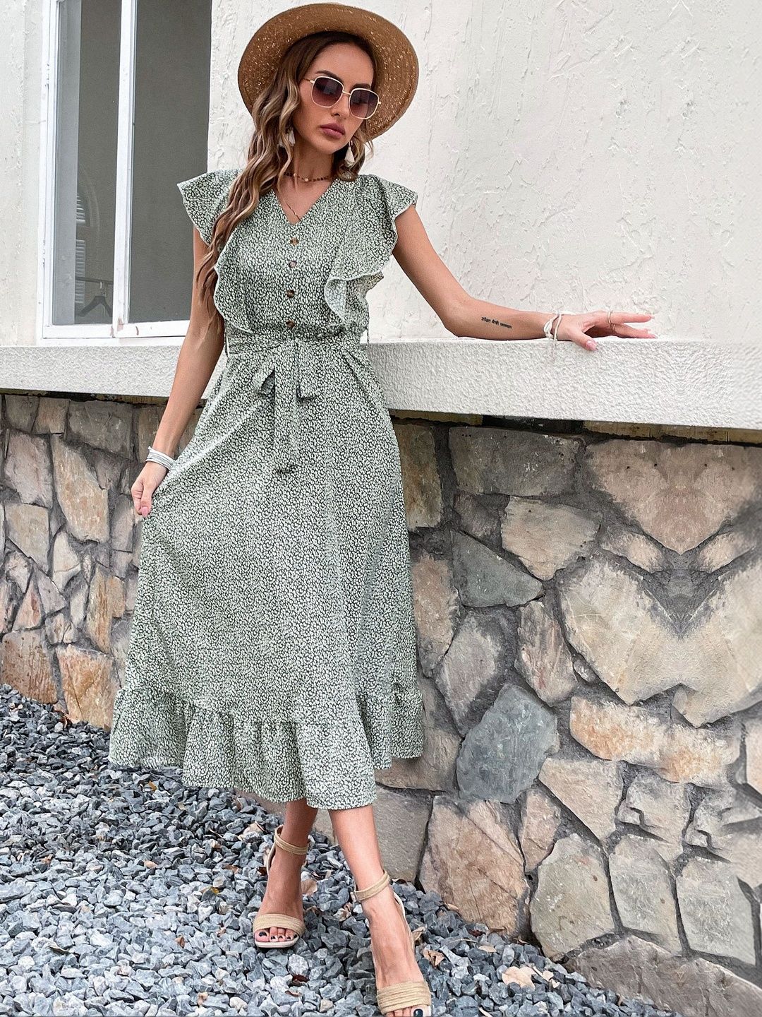 Floral Print Flutter Sleeve Ruffled A-Line Midi Dress in Green cotton - Nowi Korean Fashion
