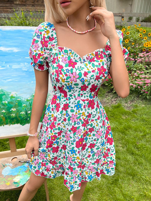 Floral Print Puff Sleeve Ruffled Fit & Flare Dress in White cotton - Nowi Korean Fashion