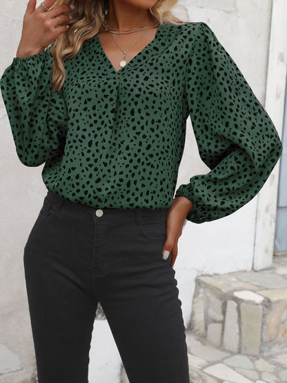 Women's Green Animal Print Puff Sleeve Top