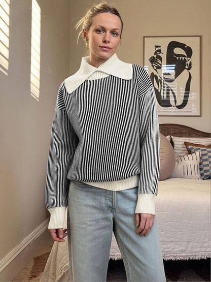 Women's Black Striped Pullover With Contrast Collar