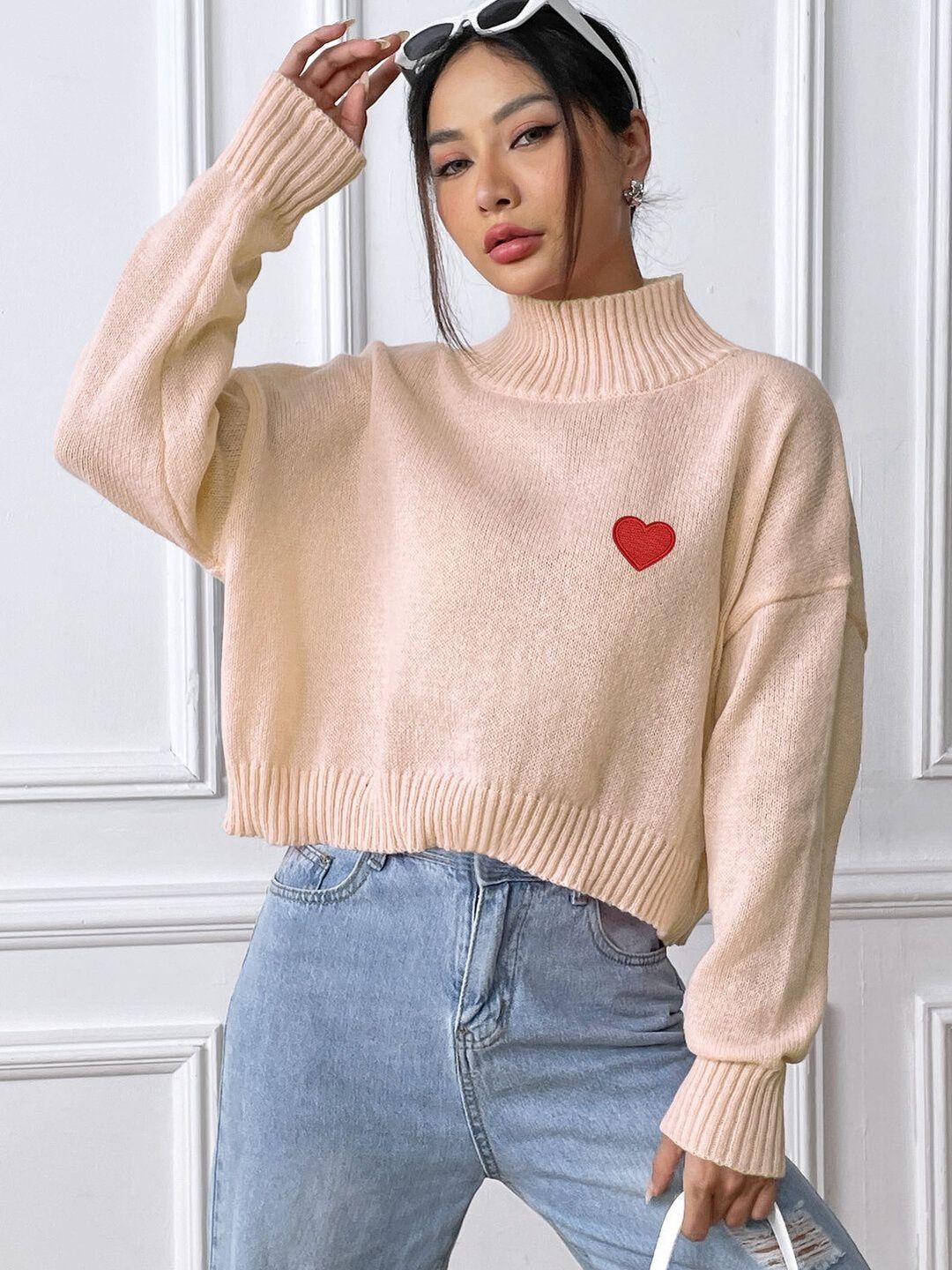 Crop Pullover with Embroidered Detail in Beige acrylic - Nowi Korean Fashion