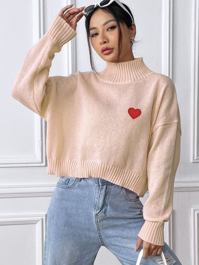 Crop Pullover with Embroidered Detail in Beige acrylic - Nowi Korean Fashion