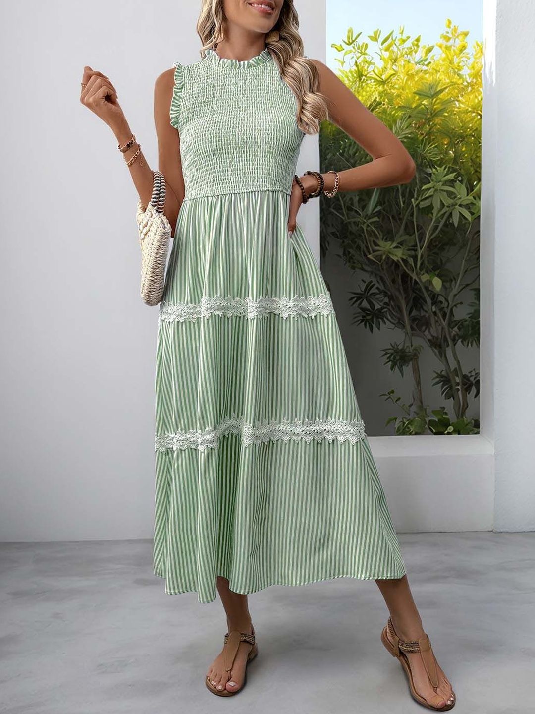 Striped Flutter Sleeve A-Line Midi Dress